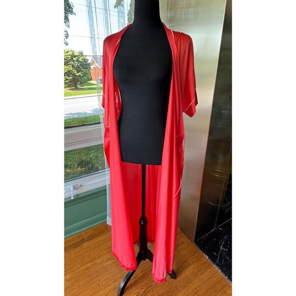 Vintage 80s house dress, strawberry red, white embroidered details, nylon robe - Picture 9 of 10